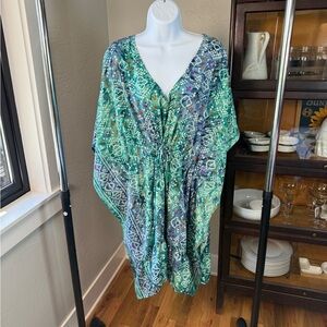 Beaches & Bobs by the Shore Aqua Blue Boho Caftan Cover Up Dress Size L/XL